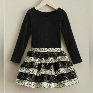 Chasing Fireflies Black Velvet & Metallic Ruffle Dress Girls 6 With Lace Details